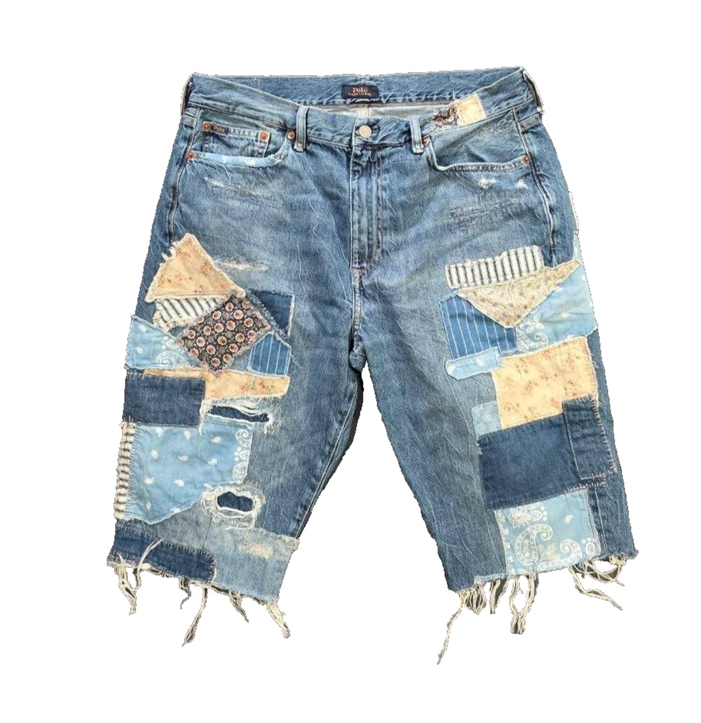 Polo Ralph Lauren unisex patches Blue Jean Shorts Y2K Denim 31 R A010834